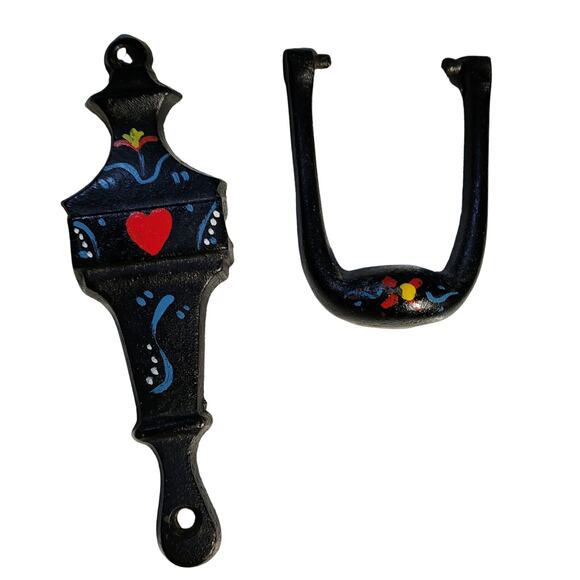 Narrow Black Vintage Hand Painted Cast Iron Amish Pennsylvania Dutch Doorknocker - Picture 9 of 9